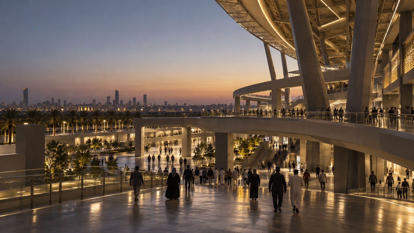 Conceptual view of people leaving a large event venue through connected concourses at dusk.